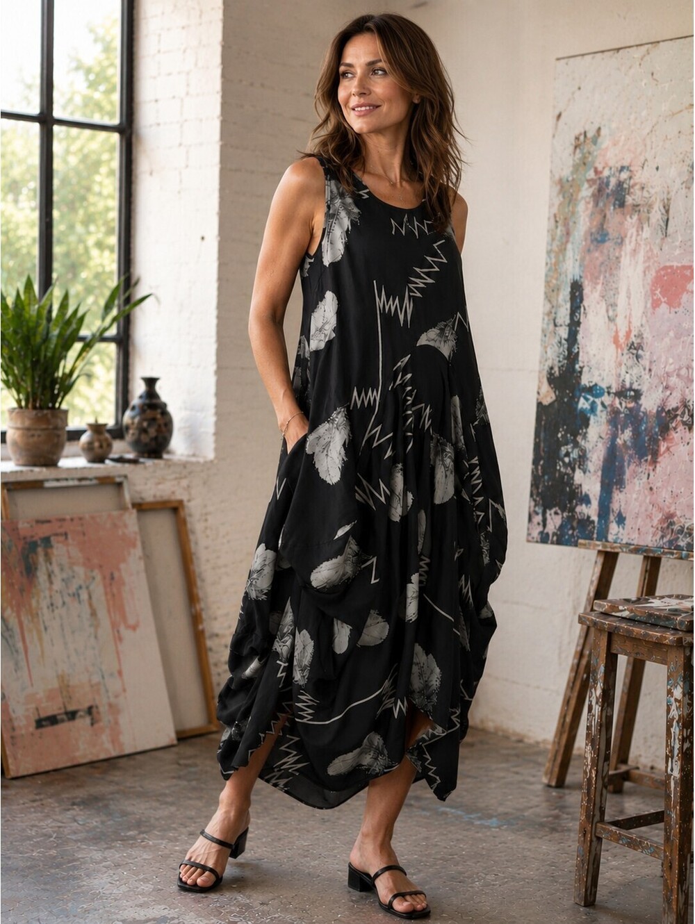 Patrizia Luca Print Balloon Midi Dress Women Med Lagenlook Pullover Sleeveles